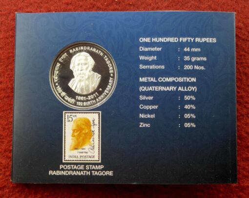 2011 - 150th Birth Anniversary of Rabindranath Tagore Hyderabad UNC 1 Coin Set (Rs.150) - Image 3